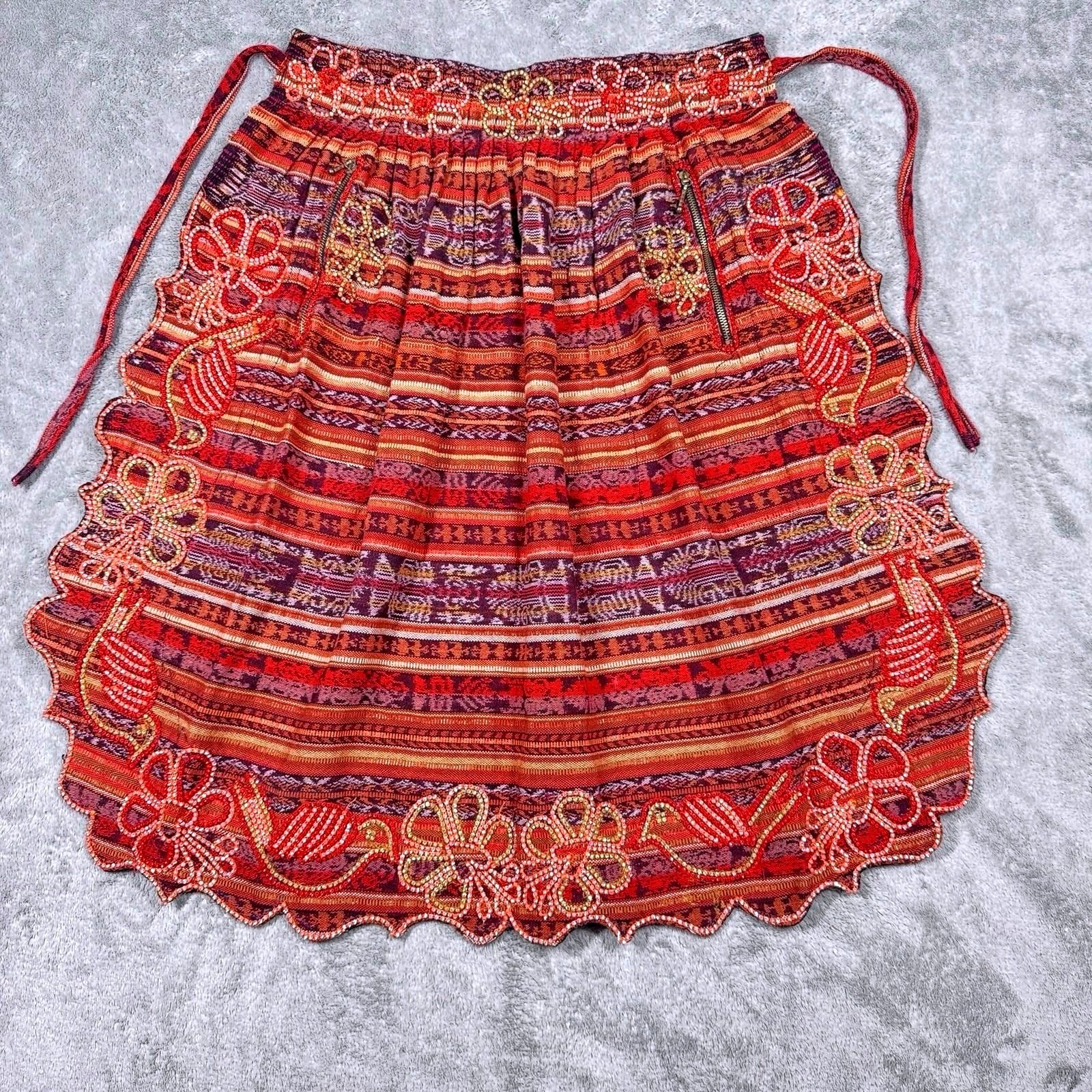 Handmade Guatemalan Embroidered Apron Beaded Birds Floral Folk Art Pockets